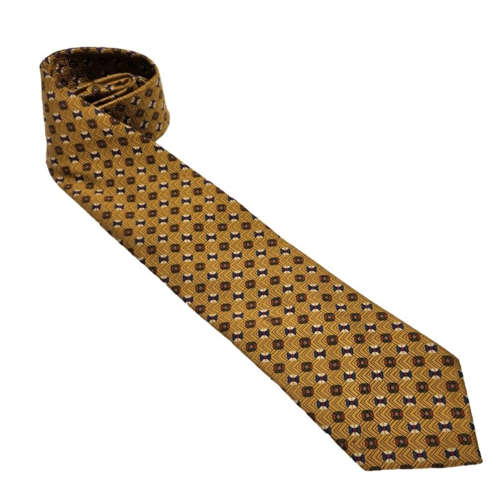 Jos A Bank Men's Neck Tie Silk Gold Blue Red‎ Geometric EUC
